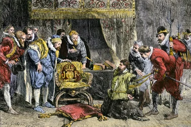 Guy Fawkes em frente ao rei Jaime I de Inglaterra após a Conspiração da Pólvora, em 5 de novembro de 1605. Século XIX (gravura)