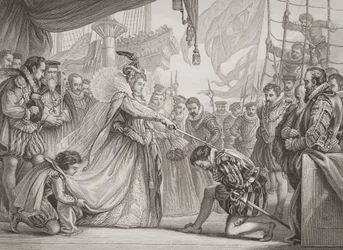 Rainha Elizabeth I (1530-1603), cavaleiro Francis Drake (1540-96), de "Ilustrações da História Escocesa e Inglesa", Volume I