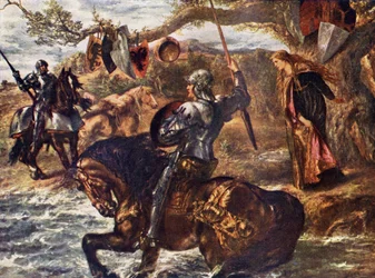 Senhor Lancelot, ilustração de &39;Romance e lenda de cavalaria&39; por AR Esperança Moncrieff (cor litho)