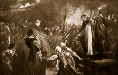 A chegada do cardeal Wolsey à Abadia de Leicester, 1530, ilustração de «Story of the British Nation», de Hutchinson, cerca de 1920