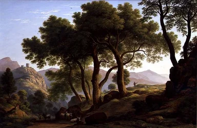 Uma paisagem arborizada romântica (óleo sobre tela)