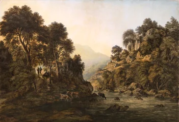 Gado à beira-rio (aguarela)
