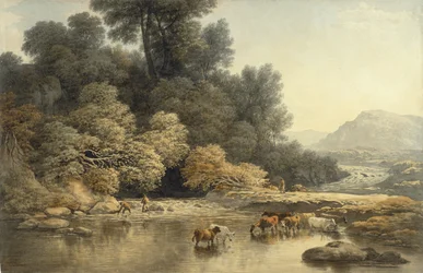 Paisagem montanhosa com rio e gado, c.1810 (wc sobre grafite em papel wove)