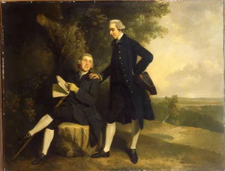 Retrato duplo de Thomas Somers Cocks e Richard Cocks de Castleditch, ambos de corpo inteiro e em pequena escala, o primeiro com casaca e colete azuis, segurando um tricórnio preto, o segundo sentado com casaca e colete azuis, segurando um manuscrito, numa
