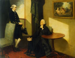 Retrato duplo do reverendo John Cocks e de James Cocks, ambos de corpo inteiro em pequena escala, o primeiro em traje clerical sentado numa cadeira estofada a azul e branco, o segundo com casaco e colete azuis encostado a uma cadeira semelhante, num