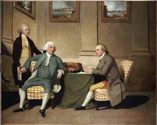 Retrato de grupo do sargento de armas Bonfoy, seu filho, e John Clementson, senador.