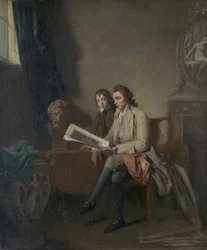 Retrato de um homem e um menino olhando para impressões, c.1765-70