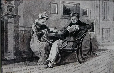 Um Casal na Sala de Estar (caneta e tinta lavada sobre papel)
