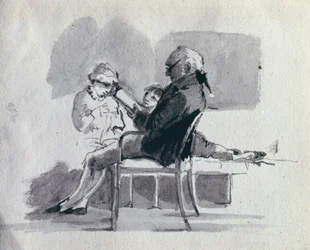 Um pai lendo para seus filhos (caneta e tinta no papel)