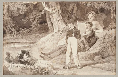 Quatro figuras entre as árvores em um dia quente, 1807 (wc no papel)