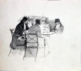 Grupo reunido em torno de uma mesa (caneta e tinta sobre papel)