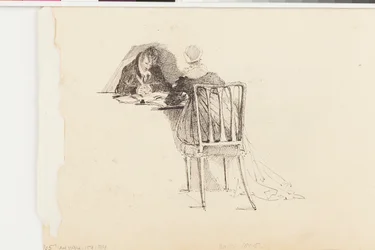 Homem e mulher escrevendo em uma mesa (caneta e tinta no papel)