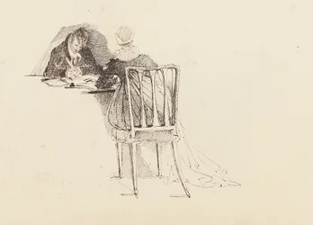 Homem mulher, sentando, em, um, tabela, 1805