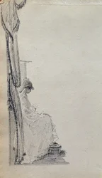 Lendo por uma janela (caneta e tinta no papel)