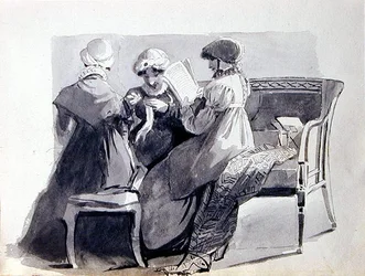 Three Women on a Sofa (caneta e lavagem de tinta em papel)
