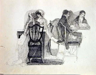 Dois grupos em um interior (tinta sobre papel)