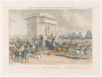 Vista de uma rua e do Arco de Wellington no Hyde Park Corner Hye Park Corner (título no objeto) Streetscapes em torno de Epsom (título da série) Cenas na estrada, ou uma viagem a Epsom e volta (título da série)