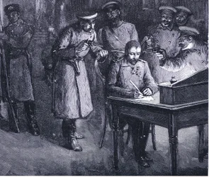 O príncipe Alexandre a assinar a sua abdicação em 1886, ilustração da História das Nações de Hutchinson, vol. 4, c. década de 1920