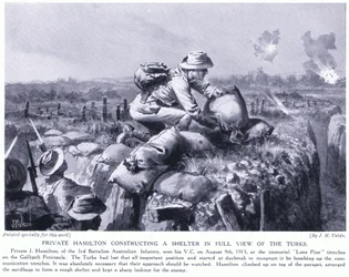 Hamilton privado construindo um abrigo em plena vista dos turcos nas trincheiras Lone Pine na Península de Gallipoli em agosto de 1915