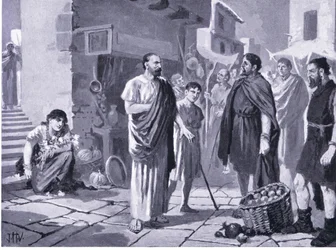 Colonos romanos a comerciar com dácios nativos, ilustração da História das Nações de Hutchinson, vol. 4, c. década de 1920