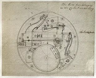 Desenho do esquema do movimento do cronometrista H4 por John Harrison (1693-1776), c.1759 (caneta e tinta sobre papel)
