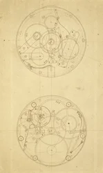 O movimento de H.4, um timekeeper longitude projetado e desenhado por John Harrison, c.1760-72 (tinta no papel)