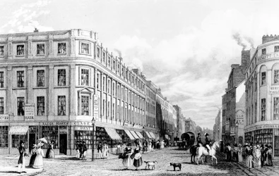 Rua do mercado do mercado local, Manchester, gravado por Frederick James Havell, 1829