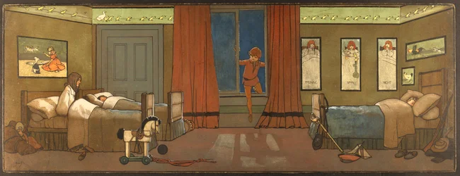 O quarto das crianças da família Darling: Peter entra à procura da sua sombra e Wendy acorda, ilustração de Peter Pan, c. 1906