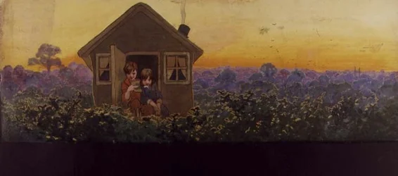 As copas das árvores ao pôr do sol um ano depois: Peter na casinha com Wendy em sua visita anual de limpeza de primavera, ilustração para 