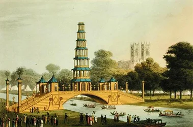 A Ponte Chinesa e Pagoda, erguida no Parque em comemoração da Paz Gloriosa de 1814, gravada por Matthew Dubourg (fl.1785-20)