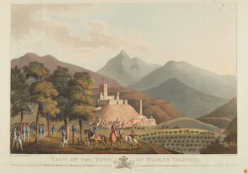 Uma vista da cidade de Briar, Valência, gravado por Dubourg, 1814 (colorido aquatint)