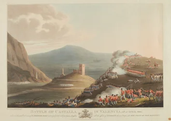 Batalha de Castalla em Valência, 13 de abril de 1813, gravado por Dubourg, 1814 (colorido aquatint)