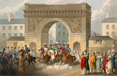 Entrada dos aliados em Paris, gravada por Matthew Dubourg (fl.1813-20) de "histórico, militar e anedotas navais", pub. por Edward Orme (1774-c.1820) 1818 (aquatinta)