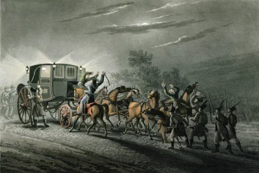 A captura do transporte, papel e tesouro de Bonaparte pelo major von Keller, Waterloo, 18 de junho de 1815, gravado por Matthew Dubourg (fl.1813-20)