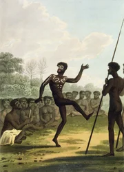 A dança, aborígene de Nova Gales do Sul gravada pelo bar de Matthew Dubourg (fl.1813-1820). 1813