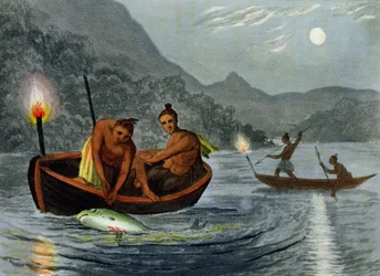 Pesca com lanterna na América do Norte, gravada por H. Merke (fl.c.1800-20), publicada por Edward Orme, 1813