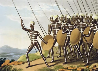 Guerreiros de Nova Gales do Sul, gravados por Matthew Dubourg (fl.1785-1820), publicado por Edward Orme, 1813