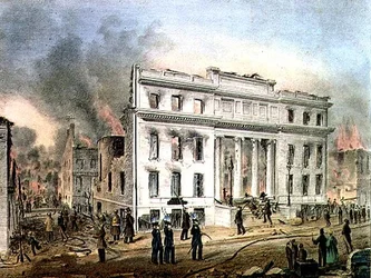 Ruins of the Merchants Exchange New York, gravado por Nathaniel Currier (1813-88) pub. por J. Disturnell e o artista