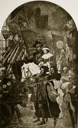Henrique VI é levado para a Batalha de Barnet, 1471, ilustração da "Hutchinson&39;s Story ofthe British Nation", c.1923
