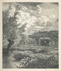 Prancha 10. Um monte de feno em uma carroça.  Fotos da Natureza. Uma série de trinta ilustrações originais desenhadas em madeira por J. H. Dell e gravadas por R. Paterson.  John Henry Dell