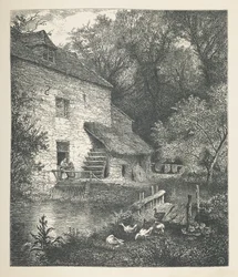 Ilustração 14. Uma casa e um moinho de água.  Fotos da Natureza. Uma série de trinta ilustrações originais desenhadas em madeira por J. H. Dell e gravadas por R. Paterson.  John Henry Dell