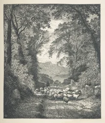 Placa 4. Ovelhas a serem conduzidas por um pastor, ao longo de um caminho. Imagens da Natureza. Uma série de trinta ilustrações originais desenhadas em madeira por J. H. Dell, e gravadas por R. Paterson. John Henry Dell