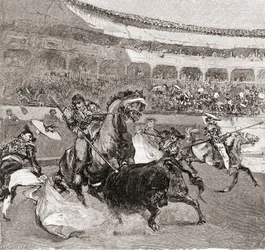 Uma tourada em Sevilha, Espanha, da revista «The Century Illustrated Monthly Magazine», publicada em 1884 (gravura em madeira)