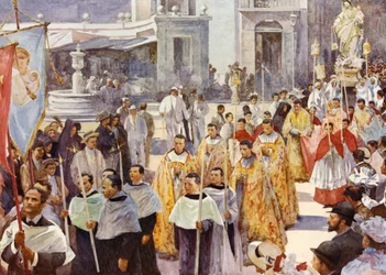Uma procissão católica romana (cor litho)