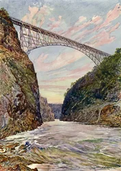 A ponte sobre as cataratas de Victoria, Rodésia (cor litho)