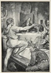 Beowulf responde com orgulho a Hunferth, de "Mitos Heróis e Lendas da Raça Britânica" de MI Ebbutt, 1910