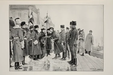 Lady Minto apresentando Colors to Herchmer&39;s Horse, ao sair de Ottawa, em 19 de janeiro de 1900, a partir de uma fotografia de JC Hemment