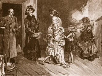 Oeste encontra Oriente: bem para fazer visitas a uma habitação de favela, ilustração de &39;História Ilustrada de Cassell da Inglaterra&39; (foto sépia)