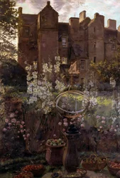Castelo de Kellie, Fife, Escócia. Castelo escocês com escultura de natureza-morta e cesto de fruta em primeiro plano. Pintura de John Henry Lorimer (1856-1936 britânico) Coleção particular