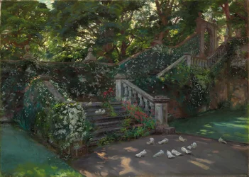 A Hora Dourada: A escadaria oeste para o terraço superior em Balcaskie, Fife (óleo sobre tela)